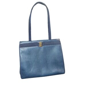 Salvatore Ferragamo Blue Lizard Embossed Vara Bow Tote Computer Work Bag Italy